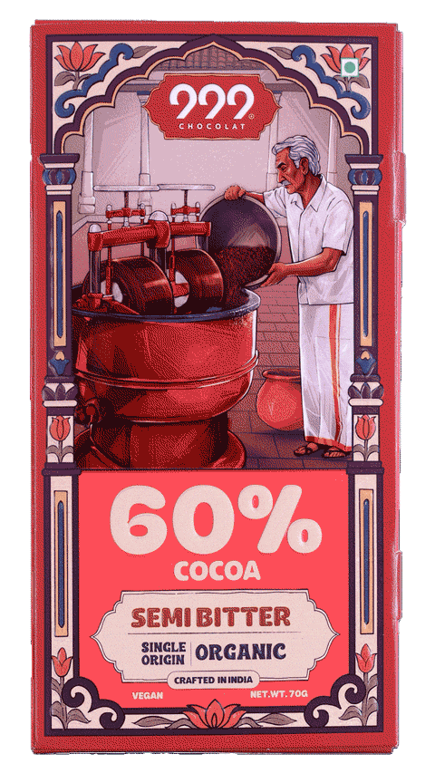 Animated view of 999 Chocolat 60% cocoa Semi Bitter chocolate packaging, illustrated by Big Box Studio