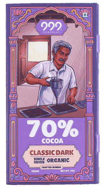 Animated view of 999 Chocolat 70% cocoa Classic Dark chocolate packaging, illustrated by Big Box Studio