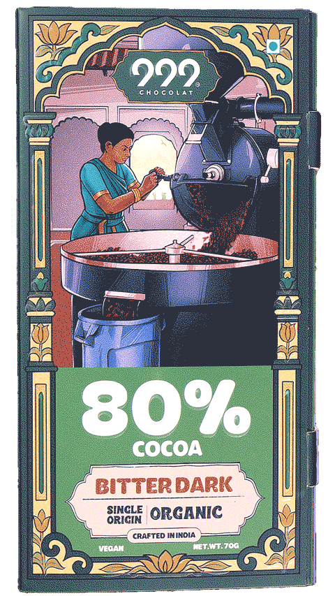 Animated view of 999 Chocolat 80% cocoa Bitter Dark chocolate packaging, illustrated by Big Box Studio