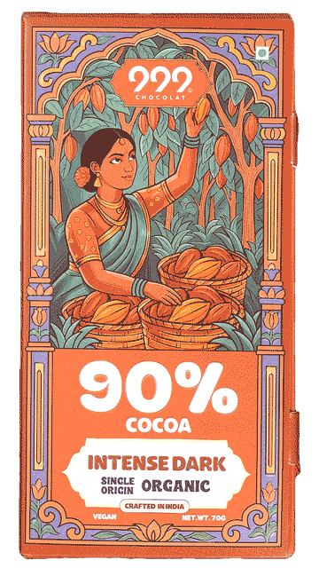 Animated view of 999 Chocolat 90% cocoa Intense Dark chocolate packaging, illustrated by Big Box Studio