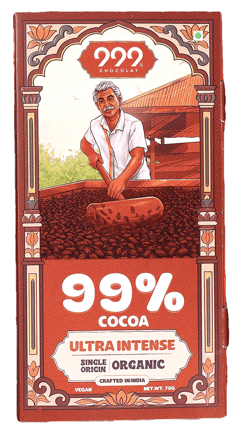 Animated view of 999 Chocolat 99% cocoa Ultra Intense chocolate packaging, illustrated by Big Box Studio