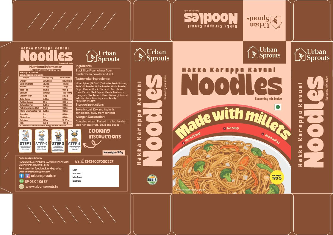 Urban Sprouts Hakka Karuppu Kavuni Noodles packaging design front panel in deep brown with noodle product photography