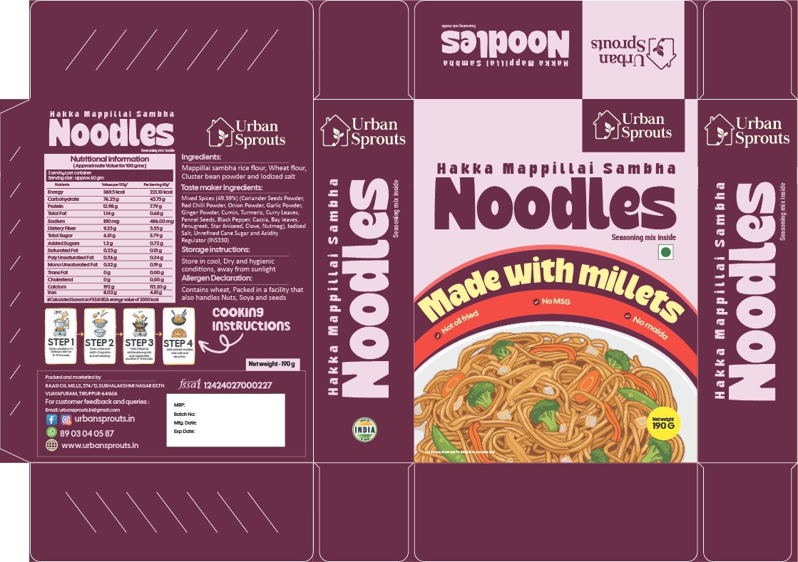 Urban Sprouts Hakka Mappillai Sambha Noodles packaging design front panel in berry with noodle product photography