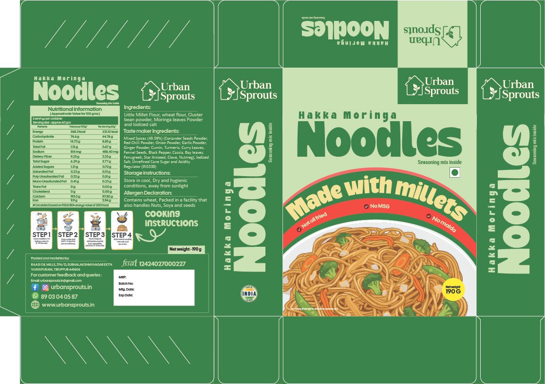 Urban Sprouts Hakka Moringa Noodles packaging design front panel in green with noodle product photography