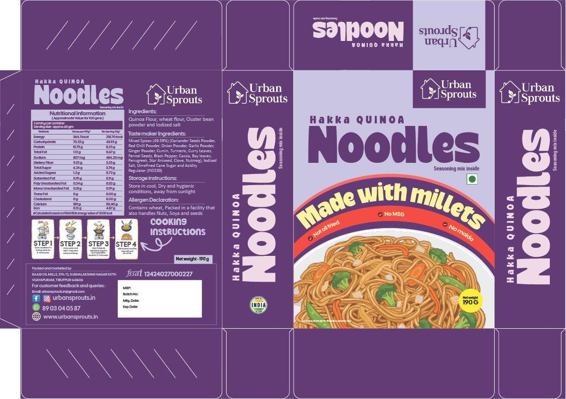 Urban Sprouts Hakka Quinoa Noodles packaging design front panel in purple with noodle product photography