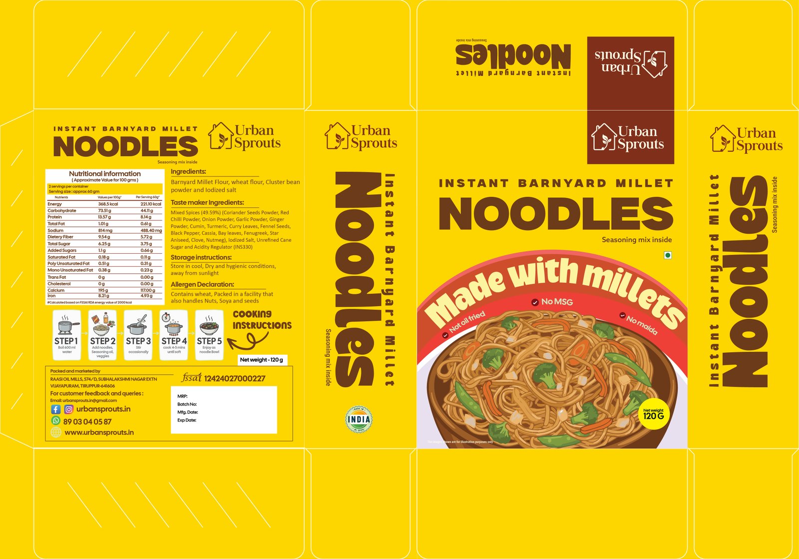 Urban Sprouts Instant Barnyard Millet Noodles packaging design front panel in bright yellow with noodle product photography