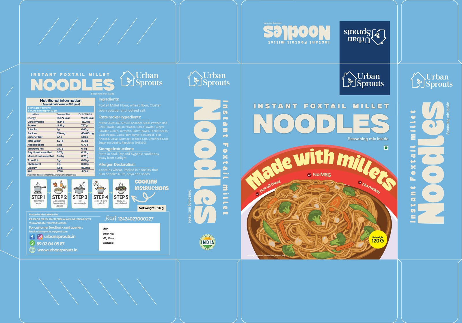 Urban Sprouts Instant Foxtail Millet Noodles packaging design front panel in sky blue with noodle product photography