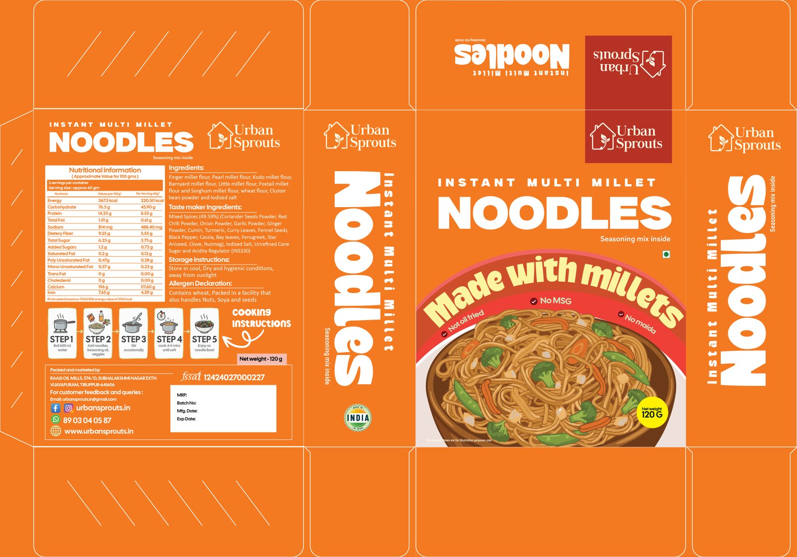 Urban Sprouts Instant Multi Millet Noodles packaging design front panel in orange with noodle product photography