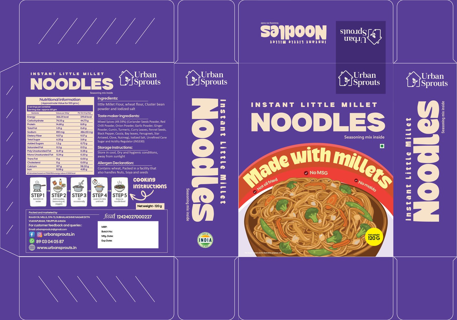 Urban Sprouts Instant Little Millet Noodles packaging design front panel in violet with noodle product photography